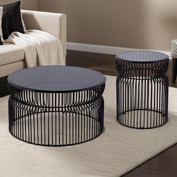 Set: Metal & Glass Tables for Living Room (Black)