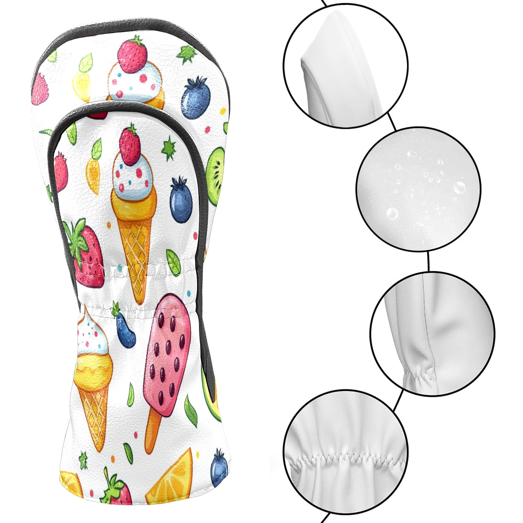 Golf Club Covers PU Leather Waterproof Head Covers for Fairway Woods Hybrids Fruit Ice Cream Pattern Unisex Fits Most Brands