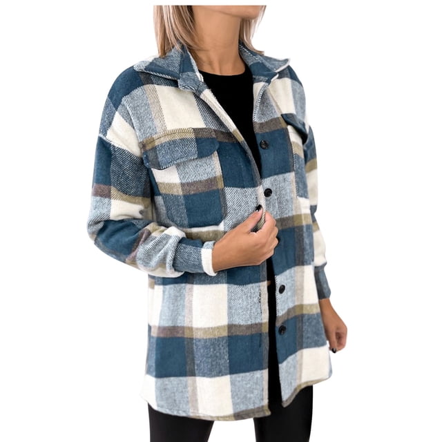 IROINID Veste en Laine pour Femmes à Manches Longues à Carreaux Col Rabattu, Veste Longue Confortable en Peluche à Simple Boutonnage