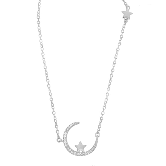 10K White Gold Moon and Star 18" Cable Chain Necklace With Diamonds Fine Jewelry