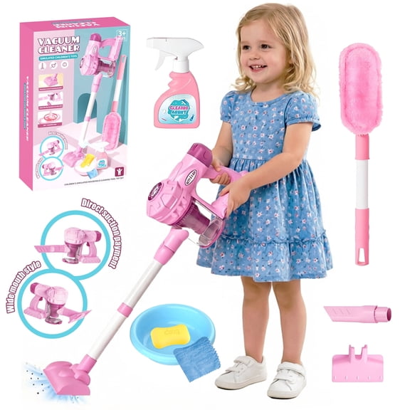 Kids Cleaning Set, Toy Vacuum Cleaner for Kids with Real Suction Power, Pretend Play Toys for Girls 3 4 5 6 Year Old