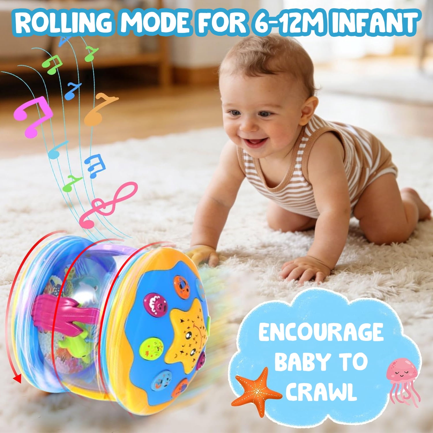 LieGorJi Babies Ocean Rotating Musical Toys, Infant Crawling Tummy Time Toys, Learning Musical Toy, Birthday Gifts for 1-3 3-5 5-8 Year Old (Blue)