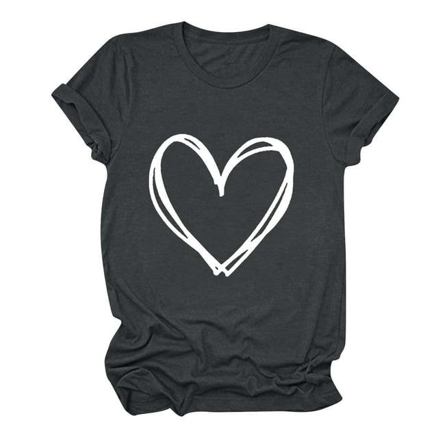AherBiu Hauts à Manches Courtes pour Femmes Tee-Shirts Imprimé Cœur de la Saint-Valentin Confortables Basiques T-Shirt