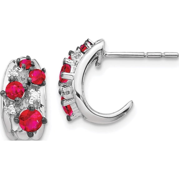 14K White Gold Diamond And Ruby Polished Post Hoop Earrings (12 X 6) Made In India em5595-ru-004-wa
