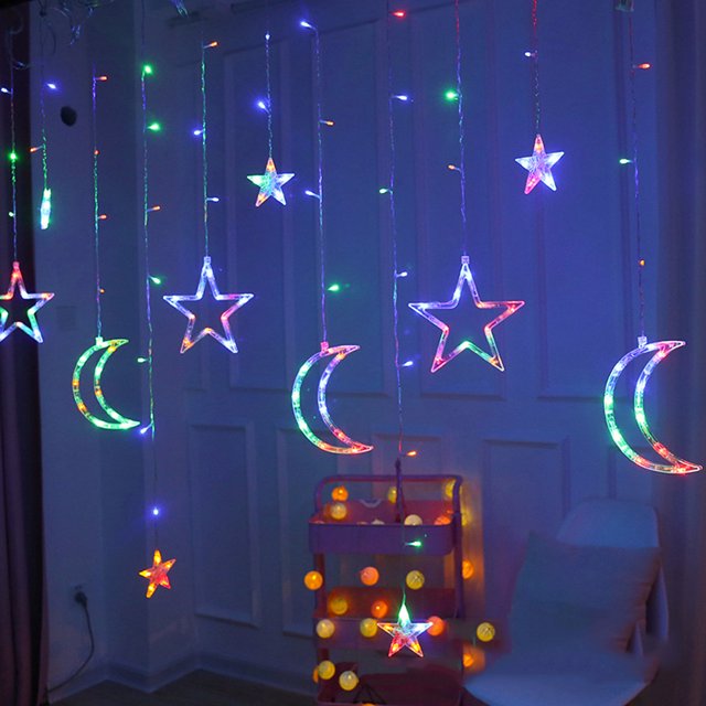 Luces De Cortina Lámpara 138LED Solar Moon Star Lights 8 modos Cortina de ventana Ramadan Home Party Light