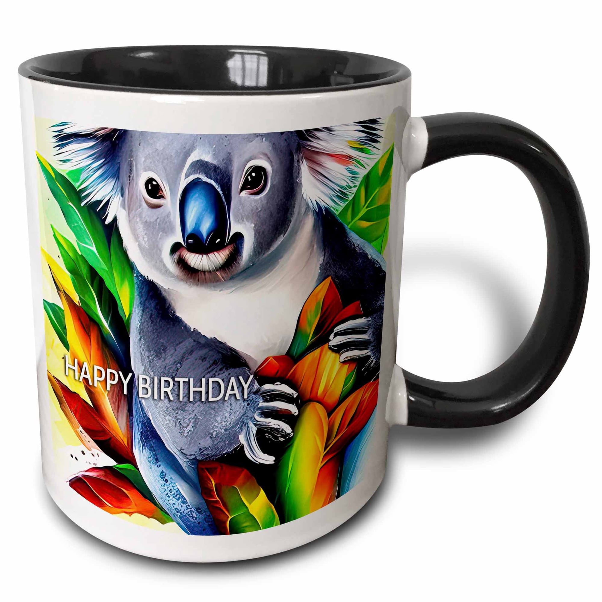 3drose, Happy Birthday Nice Koala Australian Bear Animal. Greeting Card, Gift, 11oz Two-tone Black Mug