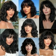 Phocas 12inch Short Bob Wigs for Women - Wavy Synthetic Bob Wig with Bangs, Face Slimming Short Wig, Glueless Wear and Go for Daily or Party (Black)
