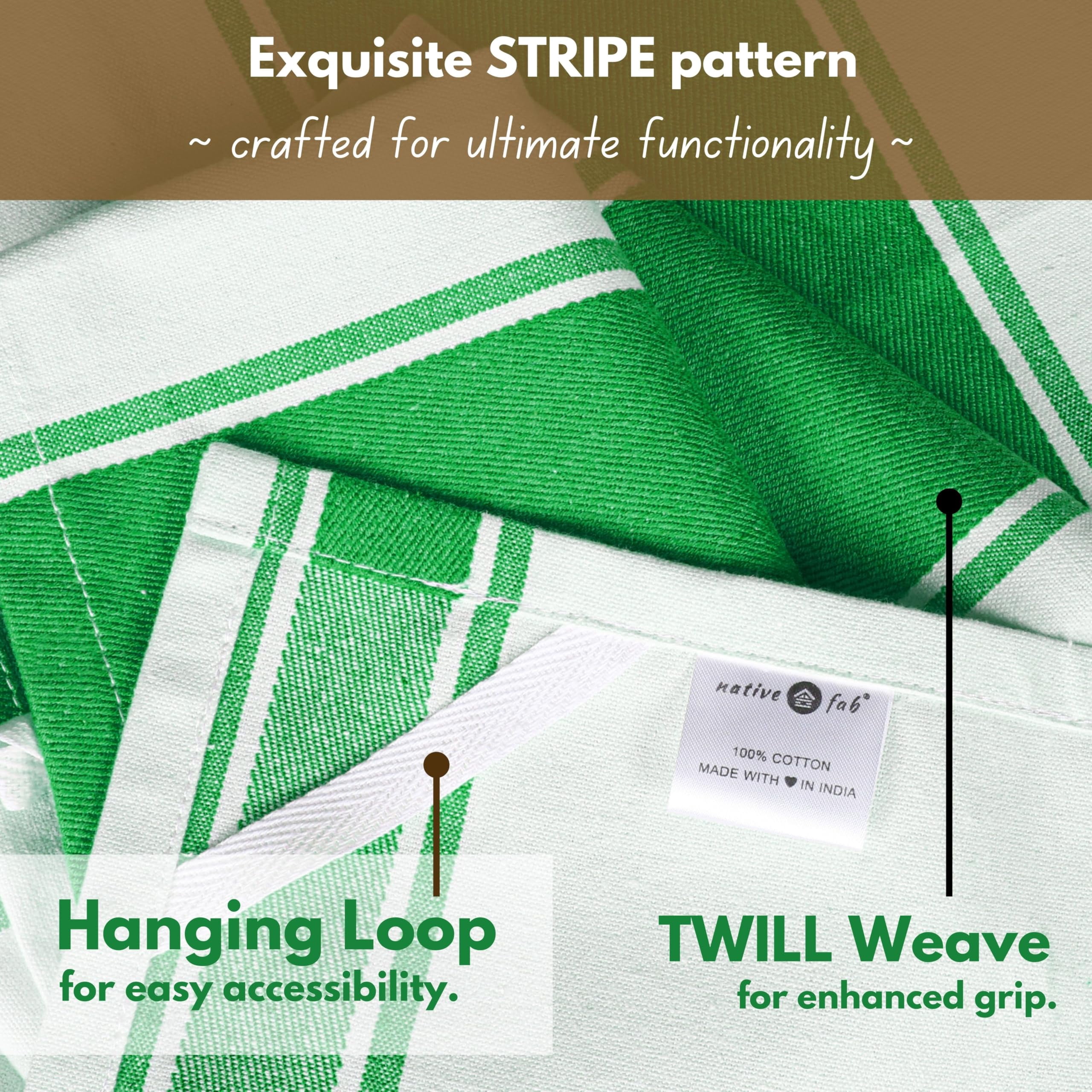 Native Fab Green Kitchen Towels 18 x 28 Inch, 12 Pack, Wide Stripe, Super Absorbent, Fast Dry, Soft, Cotton Dish Towels for Wiping Hands, Drying Dishes, Counter Cleaning Dish Cloth Set - Green