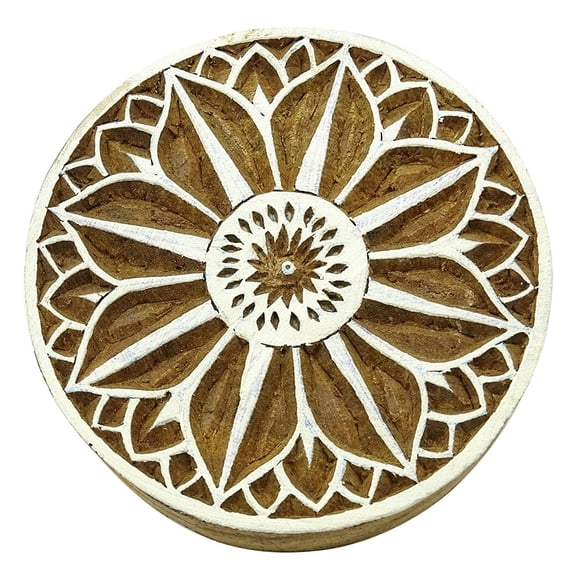 Bloc d'Impression en Bois Floral Marron Décoratif Textile Sculpté à la Main