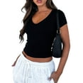 thumbnail image 1 of Fortune Women Rib T-Shirts Short Sleeve V-Neck Crop Tops Solid Color Slim Fit Tees, 1 of 6