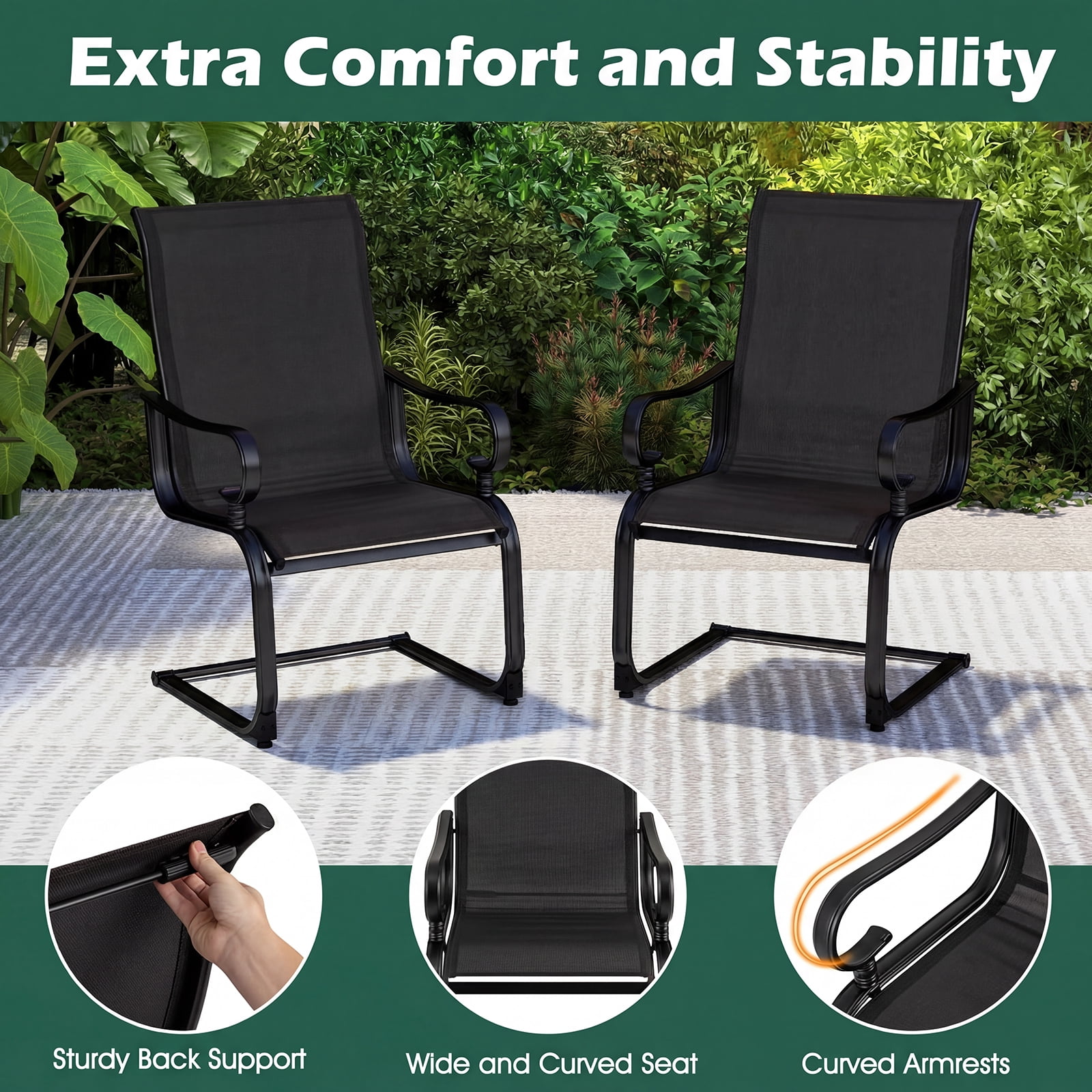 Costway Set of 2 Patio Chairs C-Spring Motion Chairs with Quick-drying & Breathable Fabric Black