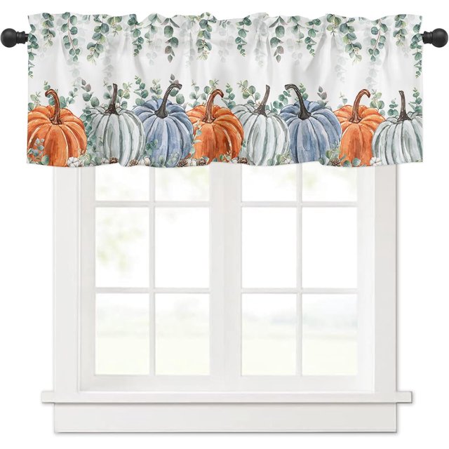 Eucalyptus Valance, Pumpkin Valances for Windows, Thanksgiving Kitchen Valances for Window, Kitchen Curtains 54x18 Short Curtains Rod Pocket Bathroom Curtains Window, Kitchen Window Curtains