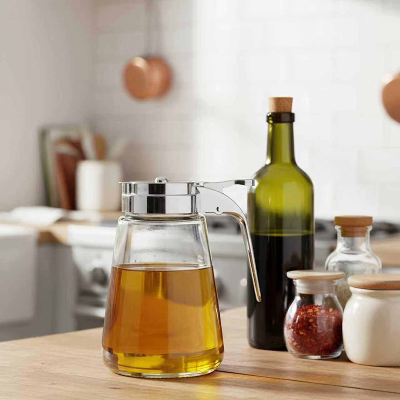 Elegant Glass Syrup Dispenser Jar with No-Drip Pump, for Honey and Maple, 10oz