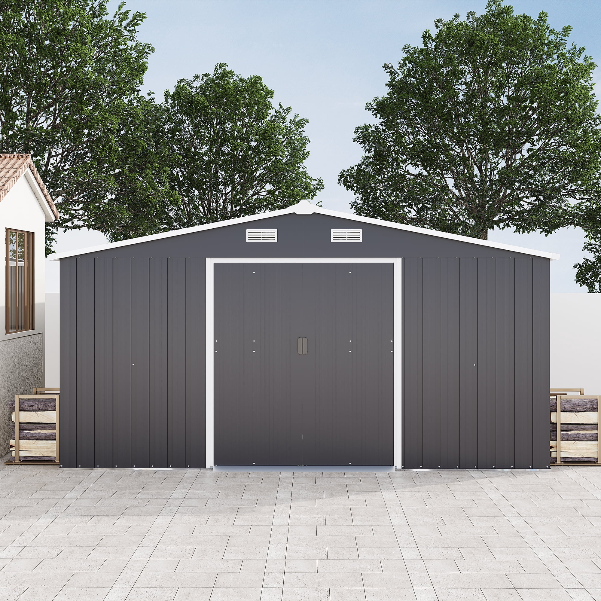 Leumius 10x12 FT Outdoor Metal Storage Shed, Large Storage Sheds with Sturdy Frame Structure, Metal Garden Tool Shed with Lockable Door for Garden Lawn Backyard Dark Gray