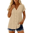 thumbnail image 2 of WQNVRNR Womens Button Down Shirts- Tunic Tops Casual Pleated Short Sleeve Summer Blouse Khaki Size 2XL, 2 of 8