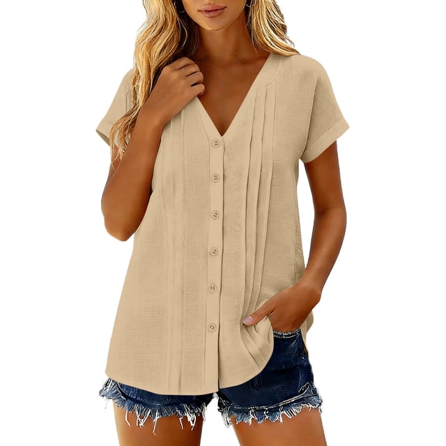 Camisetas de Manga Corta Extra Larga para las Mujeres con Cuello en V Botón Placa con Cuello Blusa de Túnica, Camisa de Manga Larga Azul Claro Mujeres