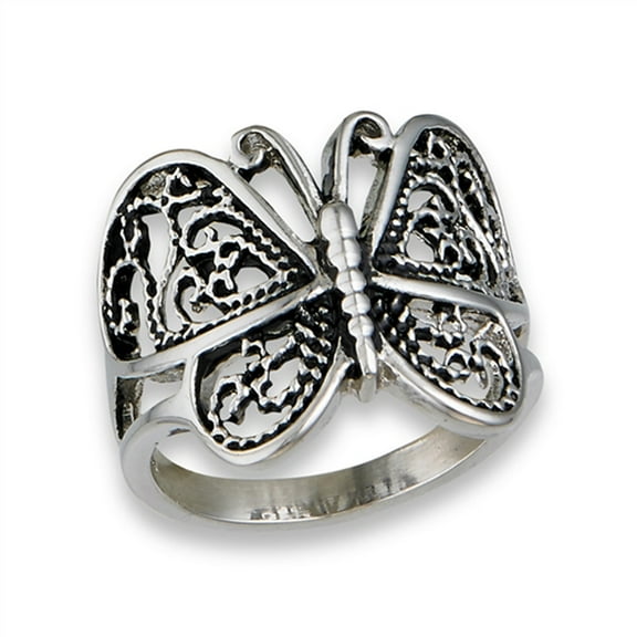 Butterfly Heart Filigree Wings Ring Stainless Steel Animal Band Gray Jewelry Female Male Size 7