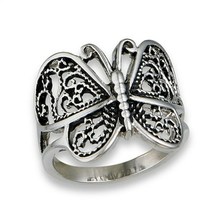 Diamond Filigree Heart Band Ring - Butterfly Heart Filigree Wings Ring ( Sizes 6 7 8 9 10 ) New Stainless Steel Animal Band Rings by Sac Silver (Size 7)