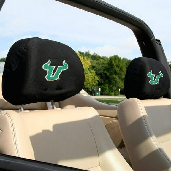 University of South Florida Bulls Premium Pair of Auto Head Rest Covers, Black, Elastic, 10x14 Inch