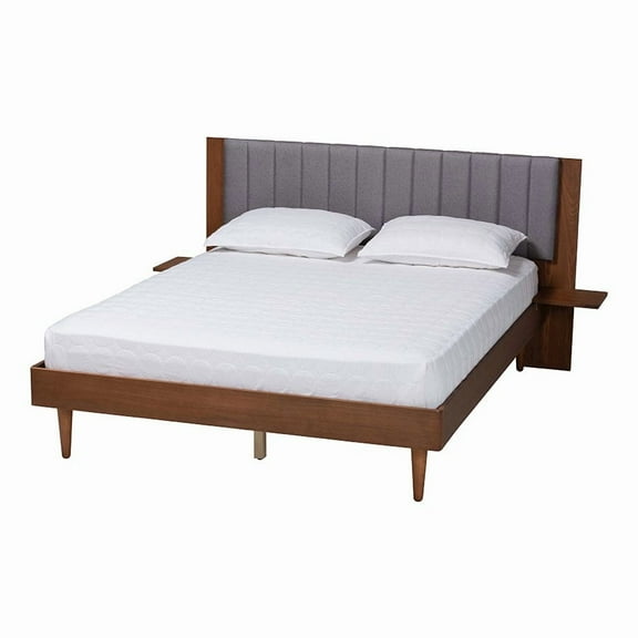 Baxton Studio Grey Fabric and Walnut Brown Wood Queen Size Bed with Built-In Side Tables