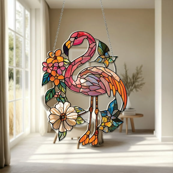 Flamingo Window Hanging, Stained Glass Style Car Decoration, Vibrant Sun Catcher Gift for Mom or Dad, Floral Home Decor, Unique Ornament, Beautiful Gift for Bird Lovers