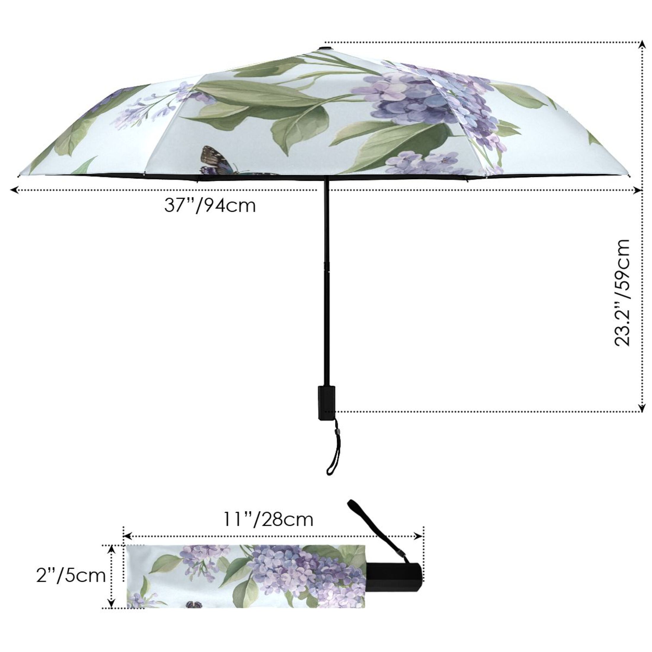 Beautiful Lilac Flowers and Butterflies All Weather Umbrella Triple Folding Parasol 6 Ribs UV Protection Portable