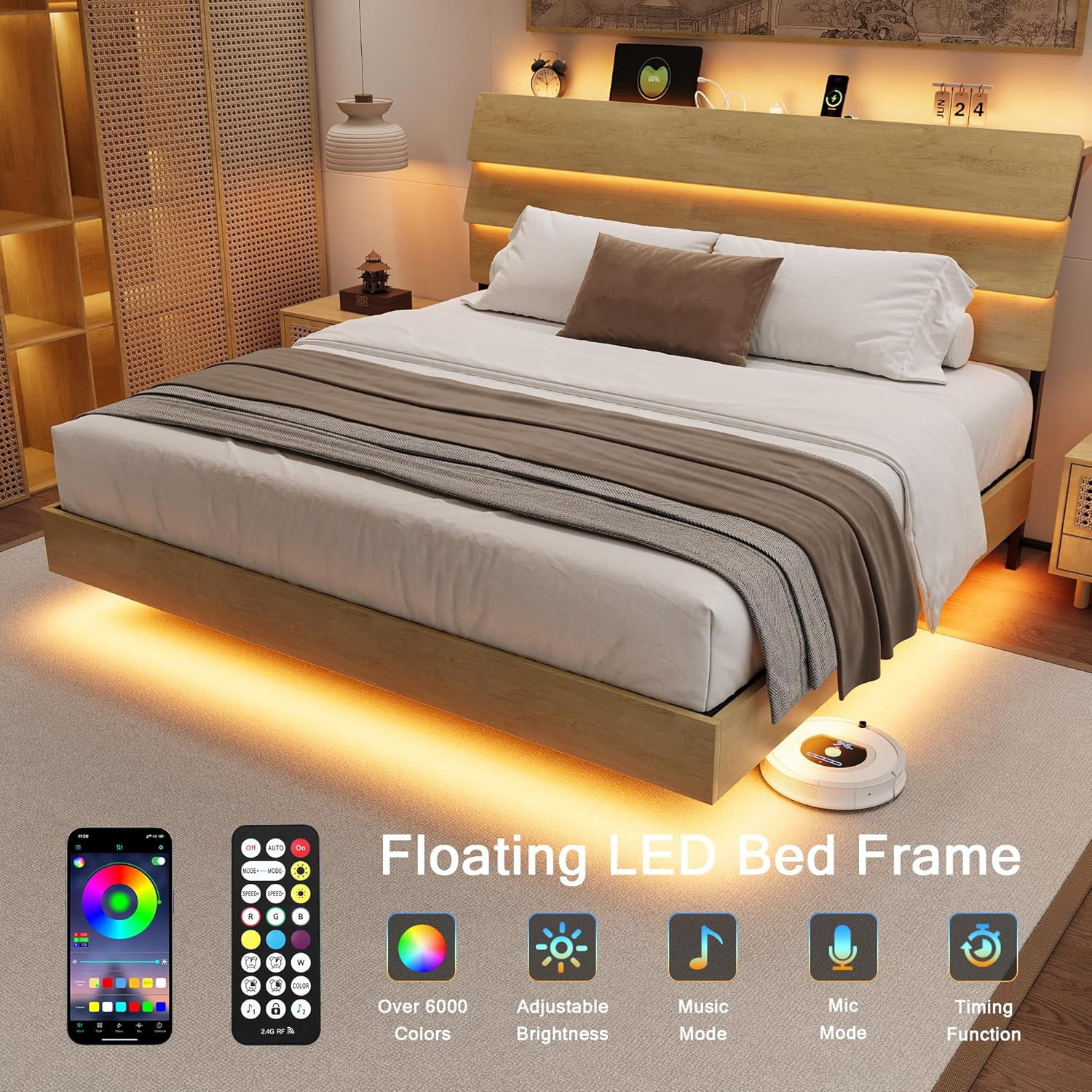 Feonase King Floating Bed Frame with LED Lights & Charging Station, Platform Bed with Wooden Storage Headboard, Steel Slats Support, No Box Spring Needed, Easy Assembly, Noise-Free,Oak