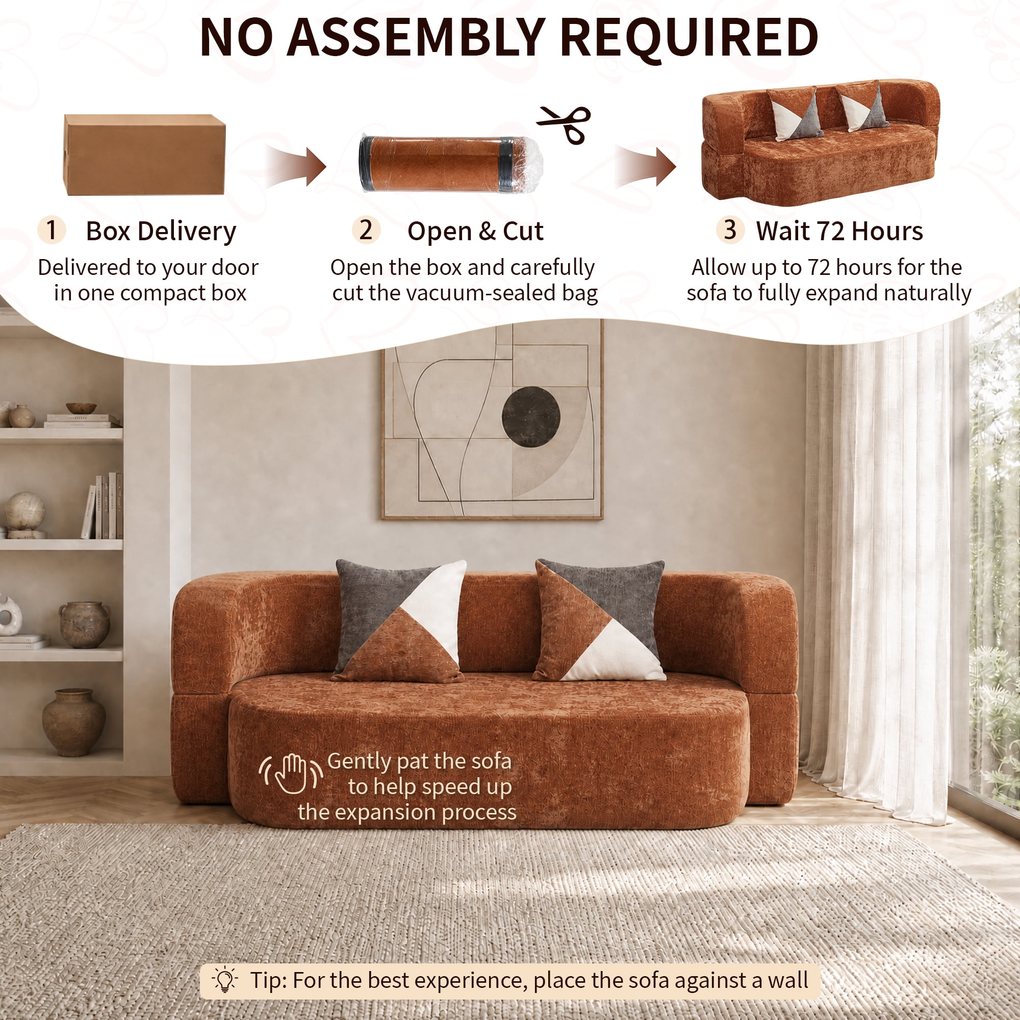 78.74"W Eggshell Convertible Sofa,Floor Couch,Sleeper Sofa Bed,No Assembly High-Density Sponge Loveseat with 2 Pillows for Living Room, Apartment,Small Spaces,Cognac Brown
