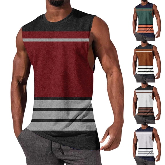 Mens Workout Tank Tops Sleeveless Striped Crewneck Muscle Gym T Shirts Casual Summer Beach Tee Tops White