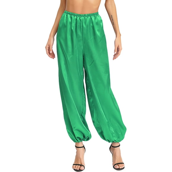 Yanarno Belly Dance Harem Pants for Women Arabic Halloween Lantern Pants Gold Trim Bloomer Fancy Dress Green L