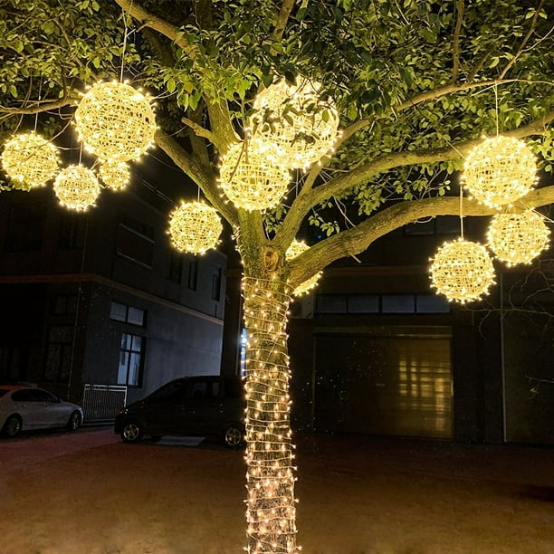Lámpara de bola de ratán LED para exteriores, impermeable, para colgar en forma de árbol, para jardín, decorativa para calle, para Navidad