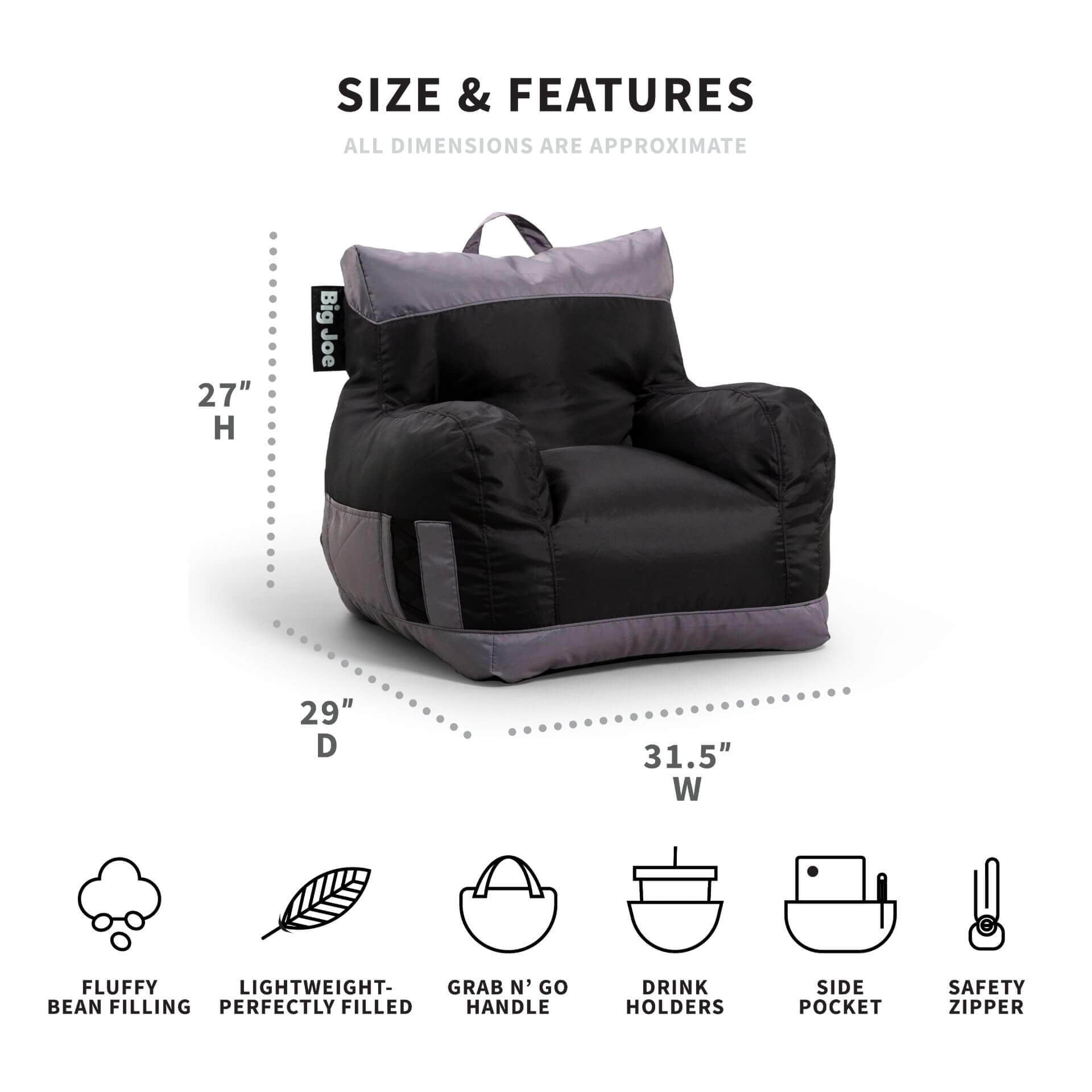 Big Joe Dorm Bean Bag Chair with Drink Holder and Pocket, 3 feet