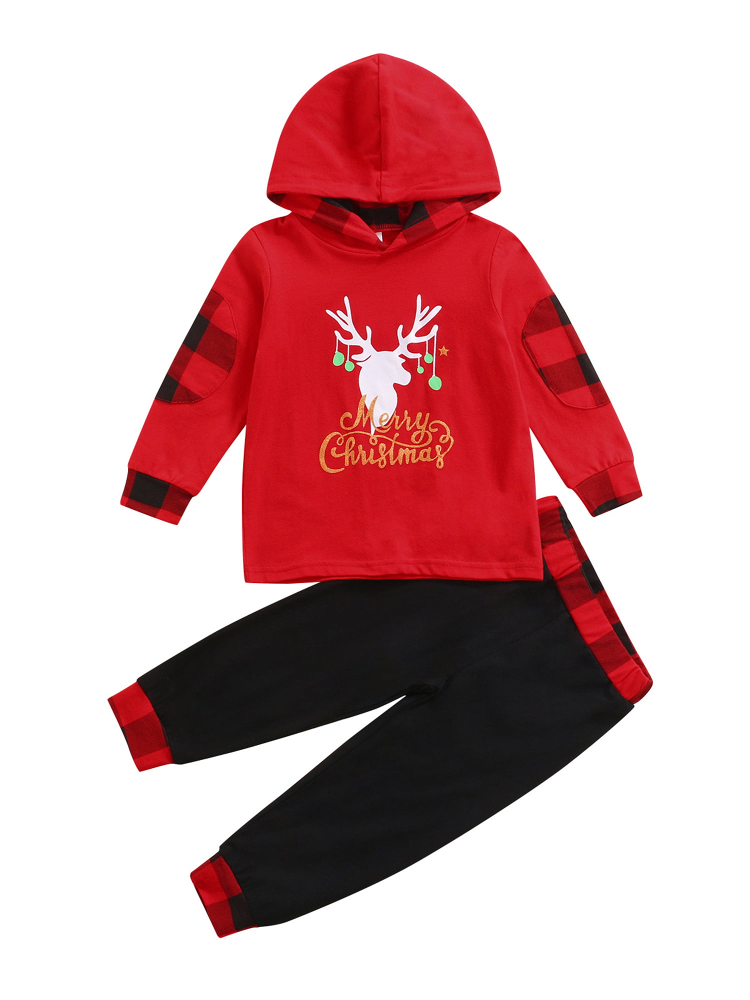Canrulo Kids Girls Boys Christmas Clothes Set Plaid Print Hooded Tops  Trousers Clothes Red 6-7 Years