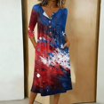 thumbnail image 2 of Women's 4th of July 250th Anniversary Artistic Pattern Dress 3/4 Sleeve Button Neck Midi Dress Loose Fit Casual Patriotic Independence Day USA Flag Soft Fabric Everyday Wear Sky Blue M, 2 of 4