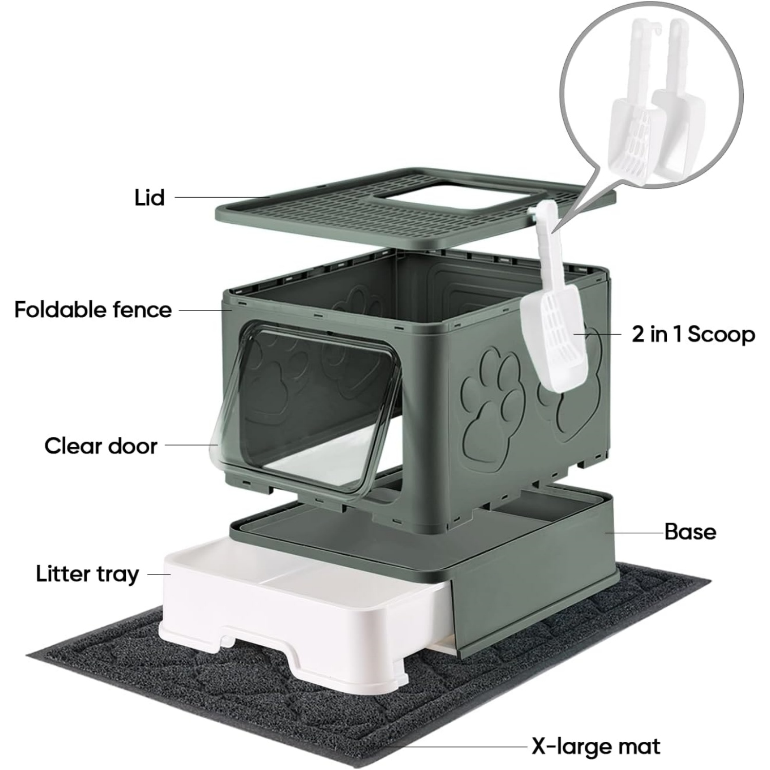 Cat Litter Box with X-Litter Mat and Scoop, Large Foldable Litter Box with Lid, Enclosed Kitty Box,Front Top Entry Exit, Odor Control Easy to Clean (Upgrade Olive Green)