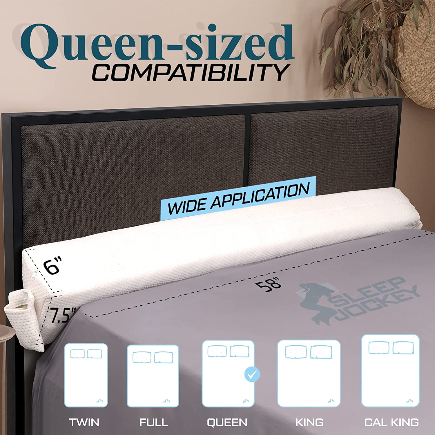 Sleep Jockey Queen Size Bed Wedge Pillow Stopper - Bed Gap Filler(0-8") - Memory Foam Headboard Pillow - Triangle Bloster Pillow Wedge to Fill the Gap Between Headboard and Mattress (60''x10"x6")