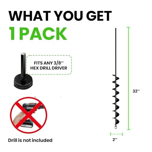 Auger Drill Bit for Planting – 2 x 32 Inch -No Squat Garden Spiral Hole and Bulb Planter Tool for Umbrella Holes - Compatible with 3/8 Inch Hex Drive