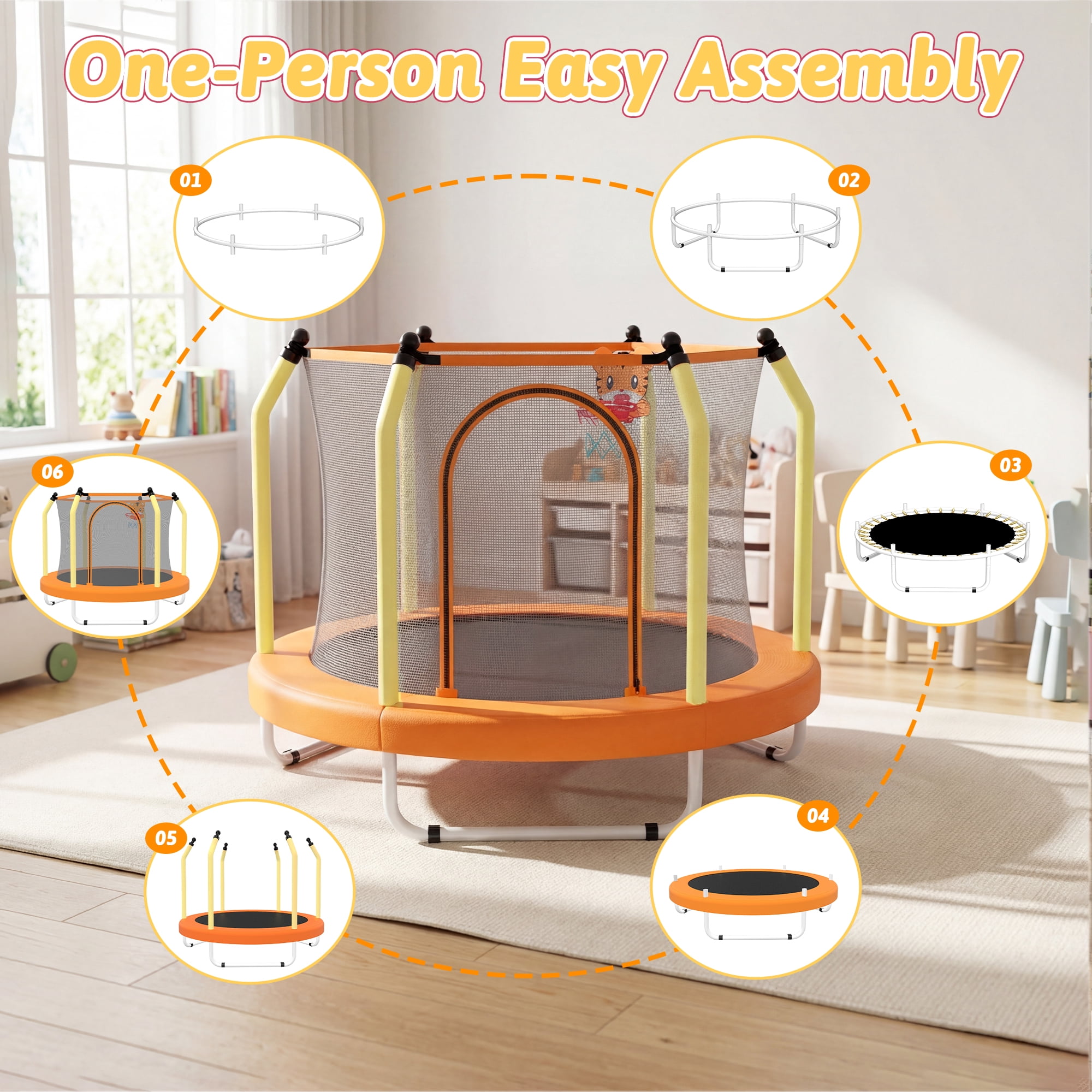 Mersco 55inch Kids Trampoline for Toddlers,Indoor and Outdor Trampoline with Safety Net, Mini Small Children Trampolines with Basketball  Hoop,Toddler Trampoline Birthday Gifts for Boys Girls, Orange