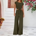 thumbnail image 2 of Women's 2 Piece Summer Outfit Cap Sleeve V Neck Belted Crop Top Wide Leg Pants, 2 of 6