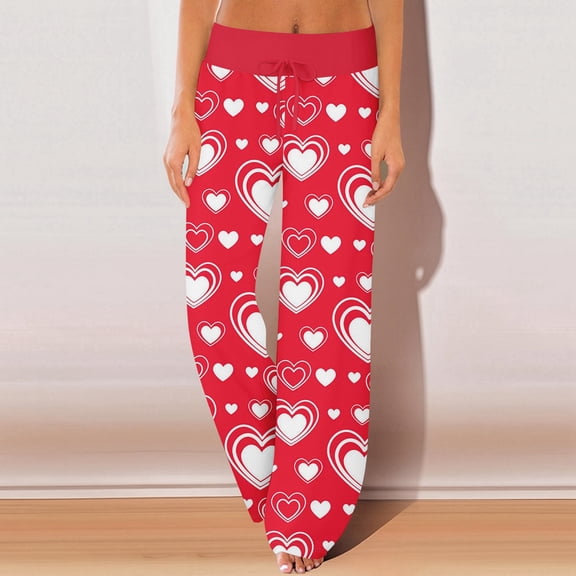 Womens Valentines Day Pajama Pants Heart Print Soft Lounge Pants Drawstring Jogger Wide Leg Athletic Pants