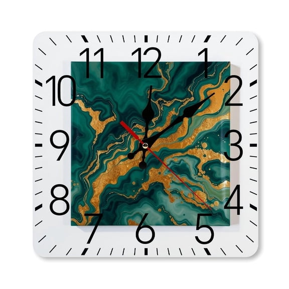 RKSupls 10×10inch Square Silent Wall Clock Wooden Frame, Marble Green Gold Scale Decorative Clock for Home Bedroom Living Room Office