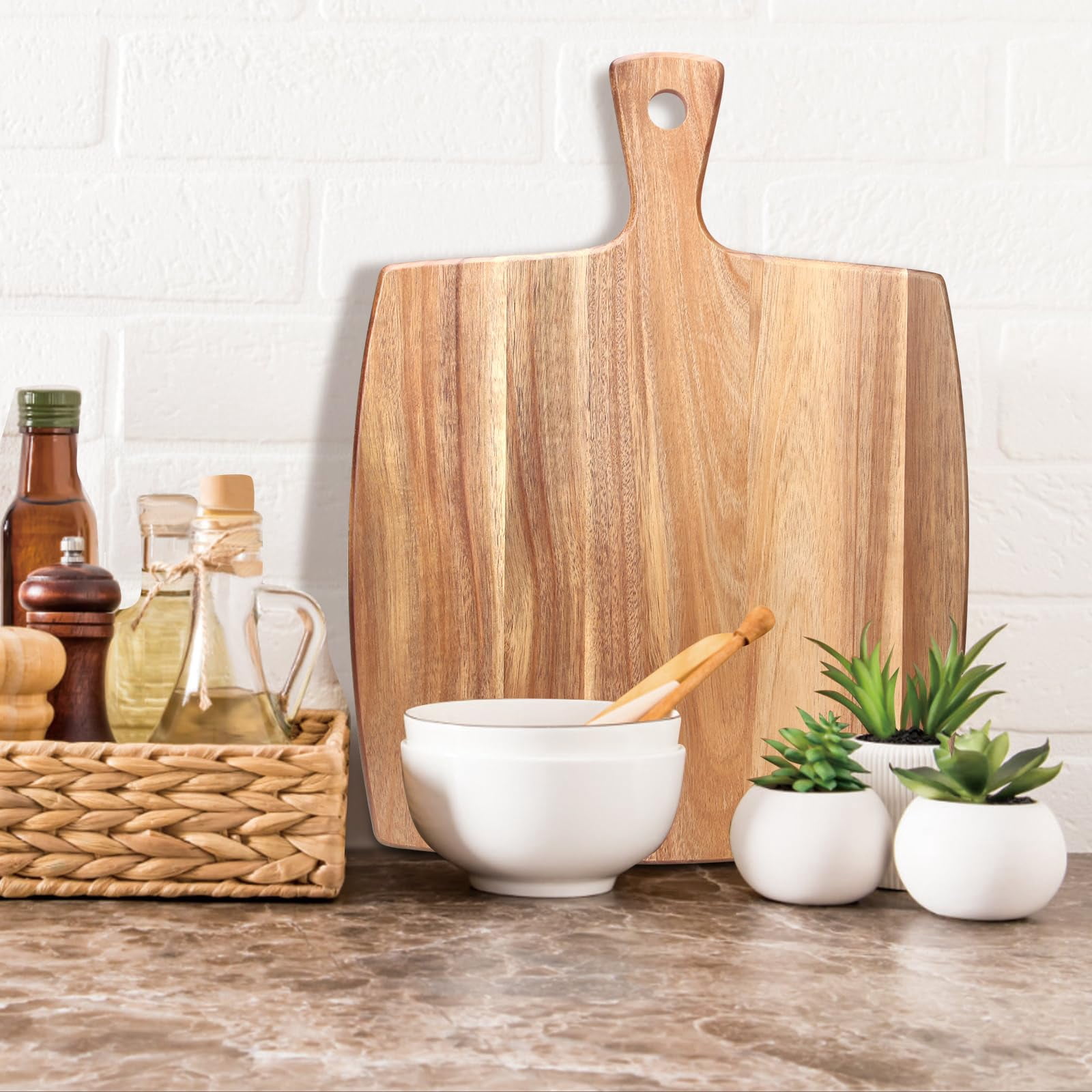 Acacia Wood Cutting Board with Handle, Kitchen Chopping Board for Bread Meat Fruit Cheese, Charcuterie Serving and Carving, 17 x 10 Inch Durable Butcher Block