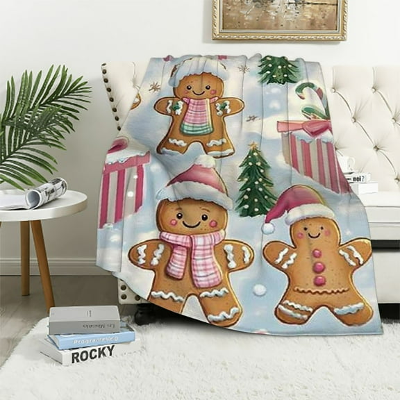Creowell Christmas Gingerbread Man Flannel Blanket, Pink Xmas Tree Stripes Throw Blanket Gifts for Kids Men Women, Funny Winter Holiday Soft Blanket for Bedding Sofa 40x50in