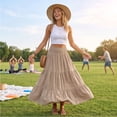 thumbnail image 6 of Womens Elegant Flowy Maxi Skirt Pleated Tiered Cotton Linen A-Line Elastic Waist Midi Skirt, 6 of 8