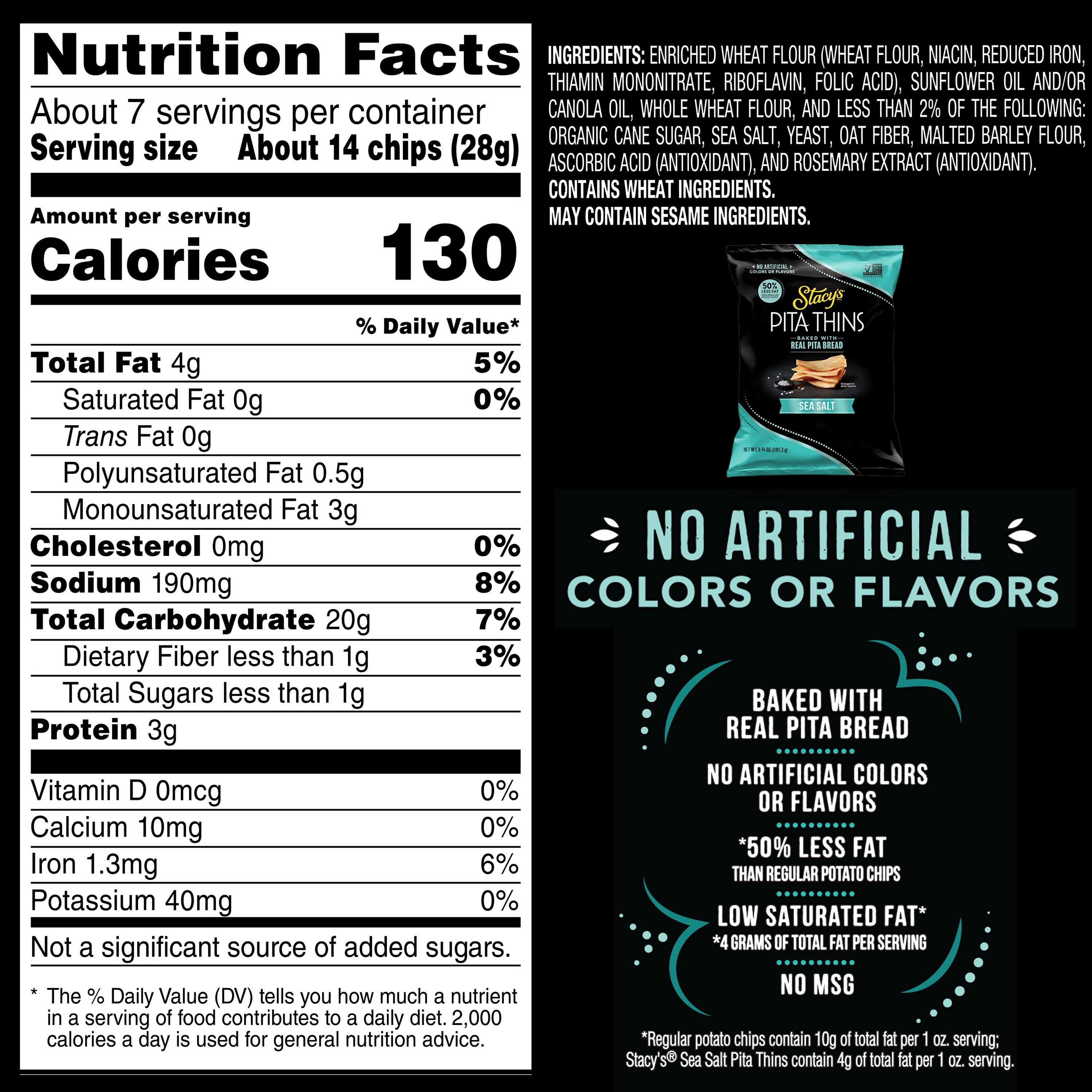 (6 pack) Stacy’s No Artificial Colors or Flavors Sea Salt Pita Thins Bag, 6.75. oz​