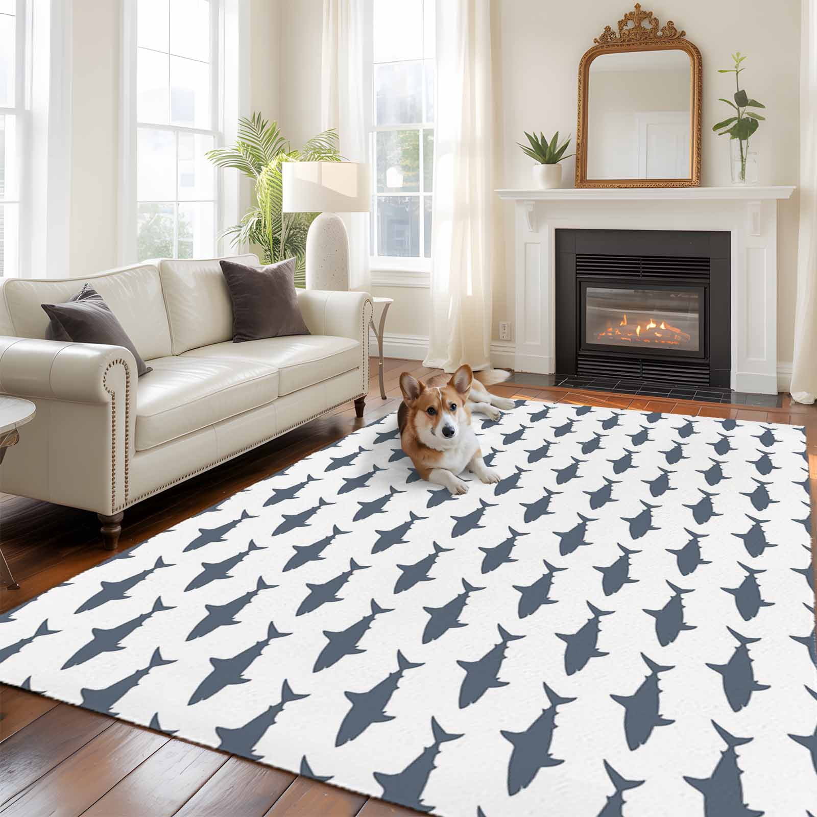 6x9 Area Rugs for Living Room, Blue Grey Sharks Non Slip Area Rugs for Kitchen Bedroom Entryway, Modern Coastal Ocean Animals Washable Carpet Runner Rug Floor Mats for Bedroom Home Decor