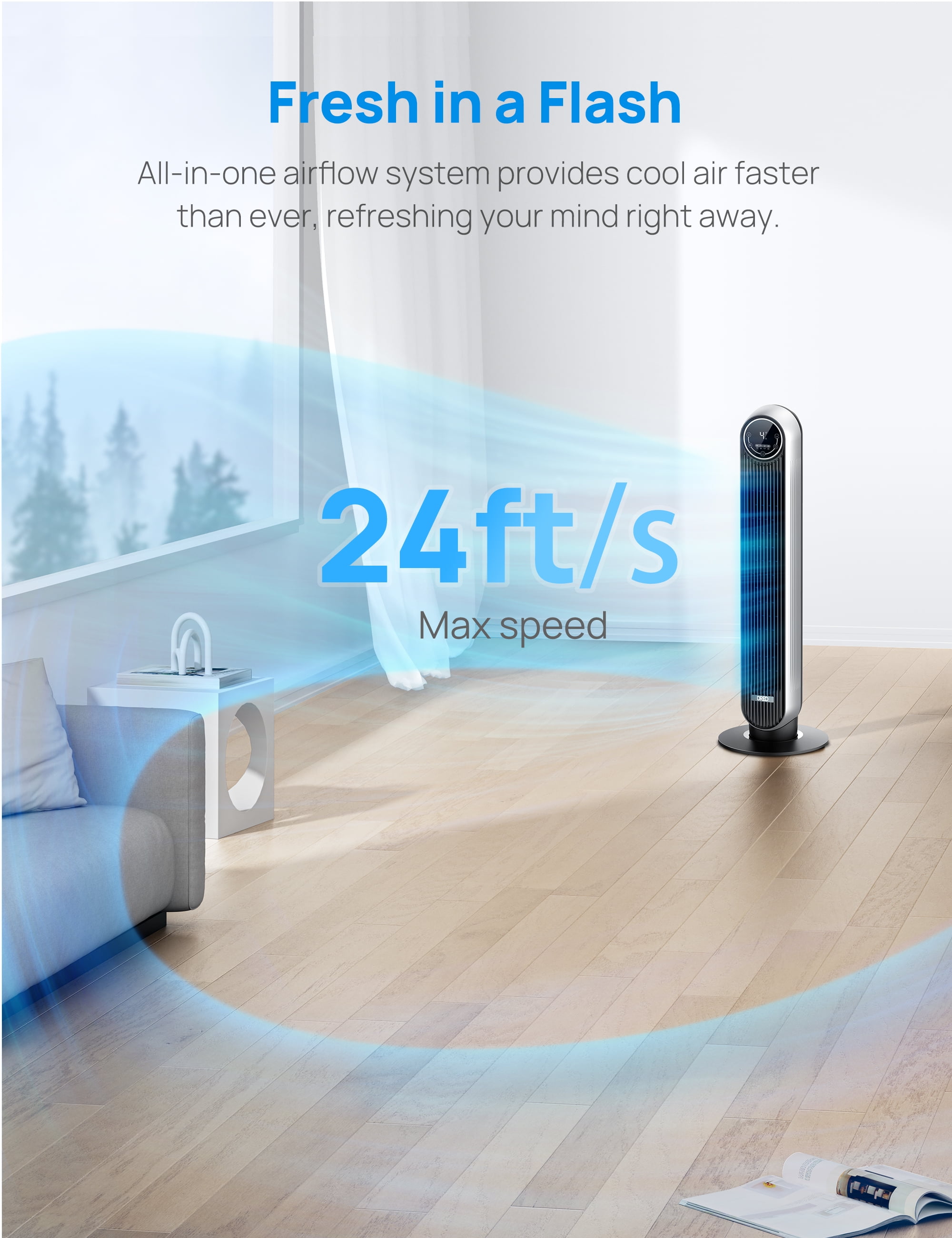 Dreo Tower Fans for Home, 90° Oscillating Standing Fans with Remote, 24 ft/s Velocity Quiet Bedroom Fan, 4 Speeds, 4Modes, 8H Timer, Bladeless Floor Fan, Black Silver
