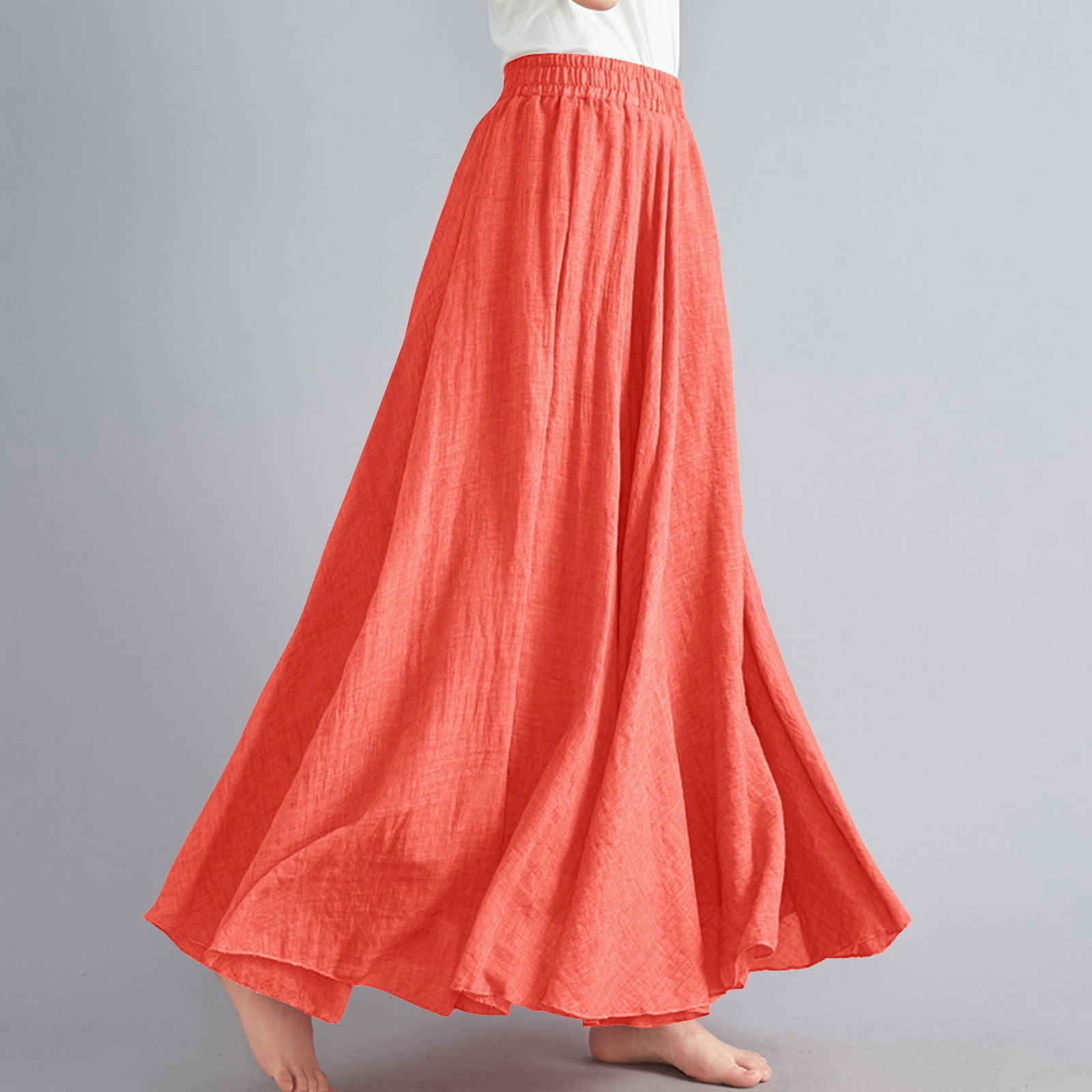 Cavosen Tennis Skirts for Women Long Maxi Ankle Length Skirts Linen Pleated Pencil Skirts Elastic Waist Plain Summer Skirts Oversized Dress Athletic Beachwear Resortwear Orange