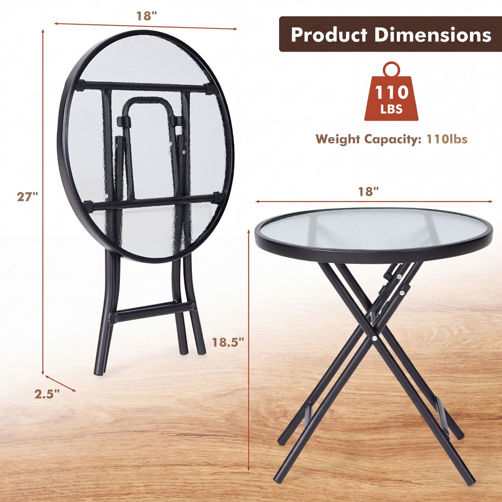 Furnibear Folding Patio Side Table with Tempered Glass Tabletop and Steel X Frame for Backyard Garden Poolside and Balcony, Black