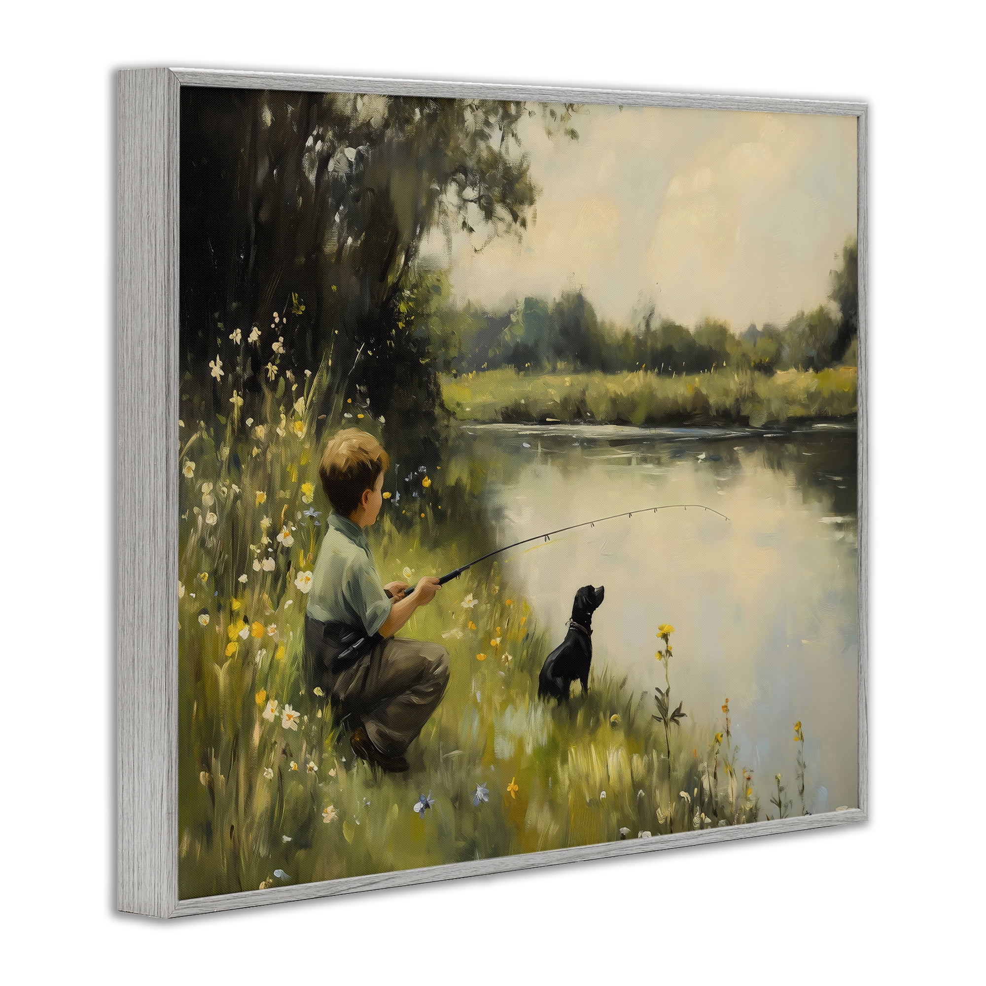 Boy & Puppy Fishing Gray Framed Giclee Art, design by Arlington Prints